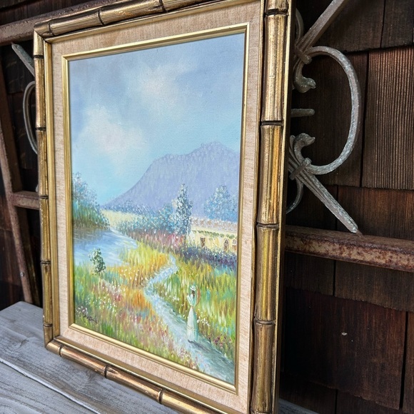 Serene Pastel Landscape Impressionist Oil Painting by Dubois with Bamboo Frame - Picture 3 of 7